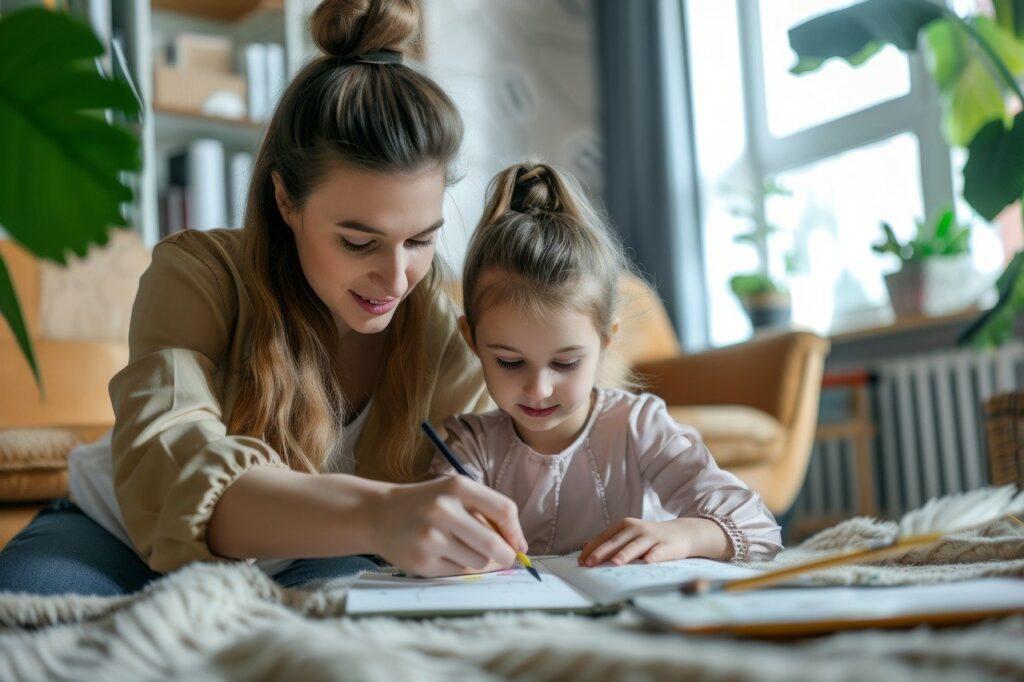 mother with a toddler writing